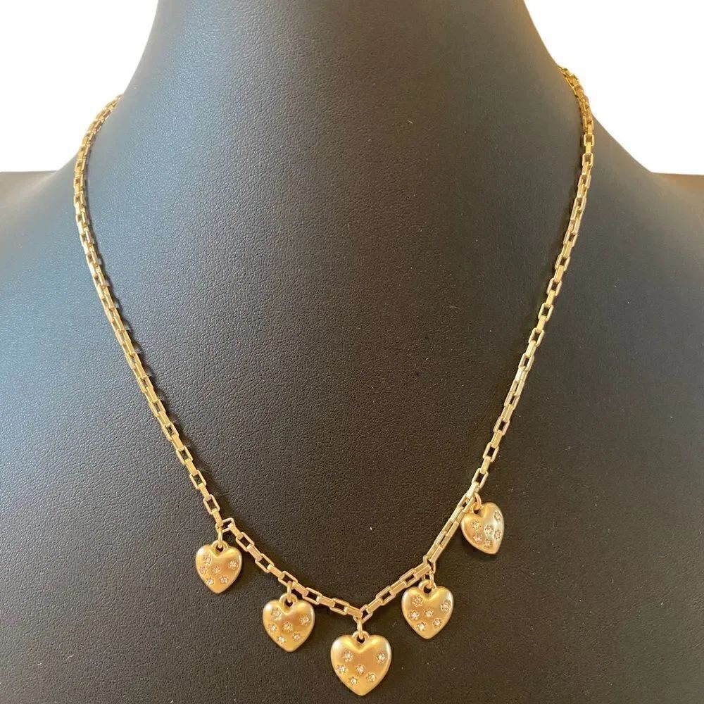 Matte Gold & Pave Crystal Heart Charm Collar Necklace.